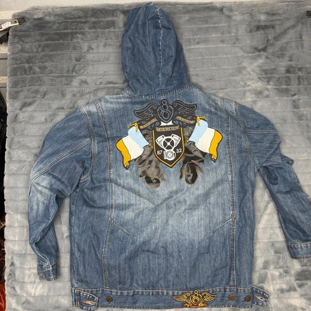 Eight 732 Motor Club Denim Hooded Jacket Mens 2XL Blue Embroidered Biker 8732